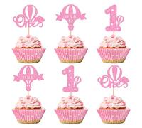 Ercadio 24 Pack Hot Air Balloon One Cupcake Toppers Pink Glitter Balloon One Cupcake Picks Balloon 1st Cupcake Picks for Hot Air Balloon Theme Birthday Baby Shower Party Decoration Supplies