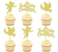 Ercadio 24 Pack Mi Bautizo Cupcake Toppers Gold Glitter Cross Angel Dove Religious Cake Picks for Baptism Theme Baby Shower Kids Birthday Party Supplies