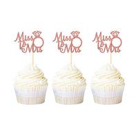 Ercadio 24 Pack Miss to Mrs Cupcake Toppers Rose Gold Glitter Wedding Ring Cupcake Picks Bridal Shower Anniversary Engagement Party Cake Decoration Supplies