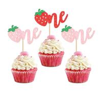Ercadio 24 Pack Strawberry Cupcake Toppers Glitter First Birthday Strawberry Cake Picks for Fruit Baby Shower 1st Birthday Berry Sweet Cupcake Decorations Party Decor Supplies