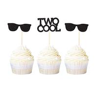Ercadio 24 Pack Two Cool Glasses Cupcake Toppers Black Glitter 2nd Birthday Cupcake Picks Baby Shower Kids Second Birthday Party Cake Decorations
