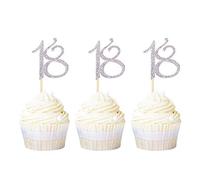 Ercadio 24 Pieces Glitter Number 18 Cupcake Toppers Silver Age Eighteen Cake Picks Decoration for Anniversary 18th Birthday Party NQ-19-077-SILVER S