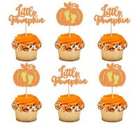 Ercadio 24pc Little Pumpkin Cupcake Toppers Glitter Pumpkin Cupcake Picks Baby Shower Decorations Fall Harvest Theme Kids Birthday Party Supplies