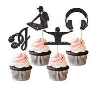 Ercadio 24PCS DJ Cupcake Toppers Glitter Black Rock Music DJing Picks Headset Hip Hop Musical Birthday Cake Rock and Roll Theme Baby Shower Music Party Cake Decorations Supplies