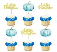 Ercadio 24Pcs Little Pumpkin Cupcake Toppers Glitter Blue Fall Pumpkin Cake Decorations for Thanksgiving Day Theme Birthday Baby Shower Party Decorations Supplies