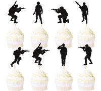 Ercadio 35 Pack Military Soldier Cupcake Toppers Black Glitter Navy Army Special Forces Cupcake Picks for Army Veteran's Day Soldier's Day Men Boys Birthday Party Cake Decorations Supplies
