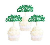 Ercadio 36 Pack Green Merry Christmas Cupcake Toppers Glitter Xmas Holiday Cupcake Picks Christmas Party Cake Decorations Supplies