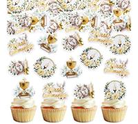 Ercadio 40 PCS Edible First Holy Communion Cupcake Toppers Dove Cross God Bless and Baptism Cupcake Picks First Communion Theme Baby Shower Birthday Party Cake Decorations