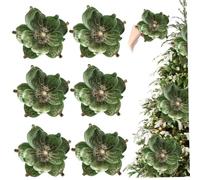 Ercoiong 6Pcs Christmas Flowers, Green Magnolia Flowers Ornaments Artificial Realistic 9.5 Inch Large Glitter Decorative Christmas for Vase, Tree, Wreath