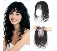 EREE HAIR 3.5"x5.5" Hand-woven Silk Base Curly Hair Toppers for Women Real Human Hair Extension,12" Wave Thinning Hair Topper with Bangs for Daily Wear Women Toupee Clip in Add Volume(Natural Color)