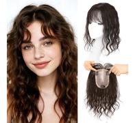 EREE HAIR 3.5"x5.5" Hand-woven Silk Base Curly Hair Toppers for Women Real Human Hair Extension,12" Wave Thinning Hair Topper with Bangs for Daily Wear Women Toupee Clip in Add Volume(Chestnut Brown)