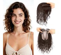 EREE HAIR 3.5"x5.5" Hand-woven Silk Base Curly Hair Toppers for Women Real Human Hair Extension,Free Part 12" Wave Thinning Hair Topper for Daily Wear Women Toupee Clip in Add Volume(Chestnut Brown)
