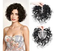 EREE HAIR 8 Inch Curly Human Hair Topper for Women with Thinning Hair, Realistic Scalp 3.9"x3.9" Handmade Silk Base Women Toupee Short Curly Wave Clip in Top Hairpiece Cover Grey Hair Natural Color