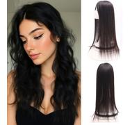 EREE HAIR Free Part One Piece Clip in Topper Human Hair Extensions,16" Super Soft Silk Base Human Hair Toppers for Women with Thinning Hair Long Straight Wiglets Hairpiece(5.1"x5.1") Natural Color