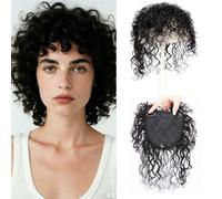 EREE HAIR Real Human Hair Topper with Bangs for Women,5.1"x5.5" Invisible Rose Lace Base Curly Clip in Top Hairpiece for Thinning Hair Short Wave Hair Extension Add Volume Natural Black