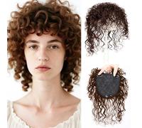 EREE HAIR Real Human Hair Topper with Bangs for Women,5.1"x5.5" Invisible Rose Lace Base Curly Clip in Top Hairpiece for Thinning Hair Short Wave Hair Extension Add Volume Dark Brown