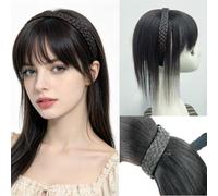 EREE HAIR Straight Human Hair Topper with Bangs for Women Cover Gray Roots,Clip in Bangs with Twisted Braided Headband for Girls Invisible Wiglets Hairpieces 16 Inch Natural Black