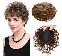 EREEHAIR 100% Human Hair Toppers with Bangs for Women 6" Short Curly Toupee Top Hairpiece Wiglets,Clip in Wavy Curly Topper Hair Piece Upgrade Large Base 5.1x5.5" 360° 3D Coverage Light Brown