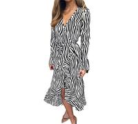 ERFMFKL Women Print Long Dresses Bohemian Casual Long Sleeve V Neck Ruffles Party Lacing Dress Black White