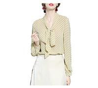 ERFMFKL Women Striped V-Neck Bow Lantern Sleeve Shirt Casual Loose Pullovers Yellow