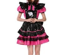 ERFSQIYALHJ Lockable PVC Puff Sleeve A-line Dress Halloween Party Cosplay Maid with Apron Lolita Dress (Fluorescent Pink,XXL)