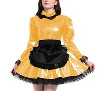 ERFSQIYALHJ PVC Shiny Leather Cosplay Dress Lolita Maid Dress with Apron Carnival Halloween Maid Uniforms (S,Yellow)