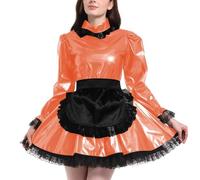 ERFSQIYALHJ PVC Shiny Leather Cosplay Dress Lolita Maid Dress with Apron Carnival Halloween Maid Uniforms (M,Orange)