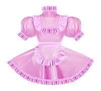 ERFSQIYALHJ Sissy Pink Ruffles French Apron Maid Dress Lockable PVC Leather A-line Maid Cosplay Uniform (Light Pink,L)