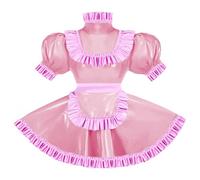 ERFSQIYALHJ Sissy Pink Ruffles French Apron Maid Dress Lockable PVC Leather A-line Maid Cosplay Uniform (Lotus,L)