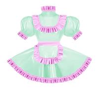 ERFSQIYALHJ Sissy Pink Ruffles French Apron Maid Dress Lockable PVC Leather A-line Maid Cosplay Uniform (Light Green,6XL)