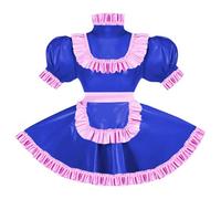 ERFSQIYALHJ Sissy Pink Ruffles French Apron Maid Dress Lockable PVC Leather A-line Maid Cosplay Uniform (Blue,7XL)