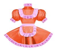 ERFSQIYALHJ Sissy Pink Ruffles French Apron Maid Dress Lockable PVC Leather A-line Maid Cosplay Uniform (Orange,6XL)