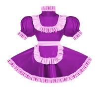ERFSQIYALHJ Sissy Pink Ruffles French Apron Maid Dress Lockable PVC Leather A-line Maid Cosplay Uniform (Fuchsia,7XL)