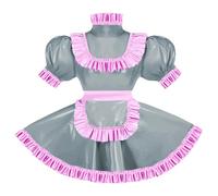 ERFSQIYALHJ Sissy Pink Ruffles French Apron Maid Dress Lockable PVC Leather A-line Maid Cosplay Uniform (Silver,XL)