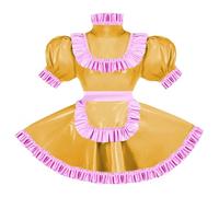 ERFSQIYALHJ Sissy Pink Ruffles French Apron Maid Dress Lockable PVC Leather A-line Maid Cosplay Uniform (Yellow,3XL)