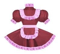 ERFSQIYALHJ Sissy Pink Ruffles French Apron Maid Dress Lockable PVC Leather A-line Maid Cosplay Uniform (Dark Red,S)