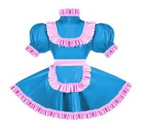 ERFSQIYALHJ Sissy Pink Ruffles French Apron Maid Dress Lockable PVC Leather A-line Maid Cosplay Uniform (Lake Blue,M)