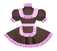 ERFSQIYALHJ Sissy Pink Ruffles French Apron Maid Dress Lockable PVC Leather A-line Maid Cosplay Uniform (Dark Brown,5XL)