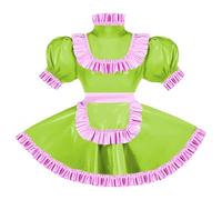 ERFSQIYALHJ Sissy Pink Ruffles French Apron Maid Dress Lockable PVC Leather A-line Maid Cosplay Uniform (Fluorescent Green,6XL)