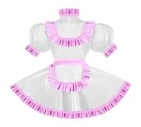 ERFSQIYALHJ Sissy Pink Ruffles French Apron Maid Dress Lockable PVC Leather A-line Maid Cosplay Uniform (WHITE,3XL)