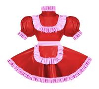 ERFSQIYALHJ Sissy Pink Ruffles French Apron Maid Dress Lockable PVC Leather A-line Maid Cosplay Uniform (Red,7XL)
