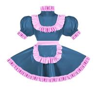 ERFSQIYALHJ Sissy Pink Ruffles French Apron Maid Dress Lockable PVC Leather A-line Maid Cosplay Uniform (Blue Mist,3XL)