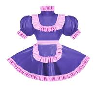 ERFSQIYALHJ Sissy Pink Ruffles French Apron Maid Dress Lockable PVC Leather A-line Maid Cosplay Uniform (PURPLE,L)