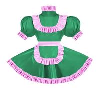 ERFSQIYALHJ Sissy Pink Ruffles French Apron Maid Dress Lockable PVC Leather A-line Maid Cosplay Uniform (green,5XL)