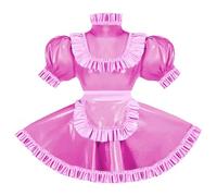 ERFSQIYALHJ Sissy Pink Ruffles French Apron Maid Dress Lockable PVC Leather A-line Maid Cosplay Uniform (Pink,S)