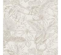 Erfurt Tropical Off White Silver Floral Glitter Parrot Tiger Monkey Jungle Wallpaper