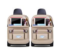 Ergocar Car Back Seat Organiser Kick Mats Luxury PU Leather with Foldable Tablet Holder Car Organisers Car Storage Multi-Function Back Seat Protector for Long Trip and Family (Beige - 2 Pack)