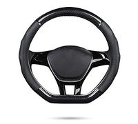 Ergocar Car Steering Wheel Cover Non-slip Car Steering Wheel Protector Sport D-shape Carbon Fiber & First Layer Cowhide Universal For Diameter 38cm(15") (D-Black)