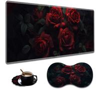 Ergonomic Darkness Red Roses Extended Mouse Pad 31.5" x 11.8" Set, with Wrist Rest & Lace Coasters, Pain Relief Design, Non-Slip Desk Mat for Home & Gaming