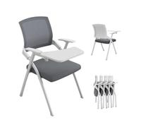 Ergonomic Folding Waiting Room Chairs with Tablet Arm, Stackable Mesh Office Chairs for Meetings and Conferences, Gray Desk Attached Guest Seating